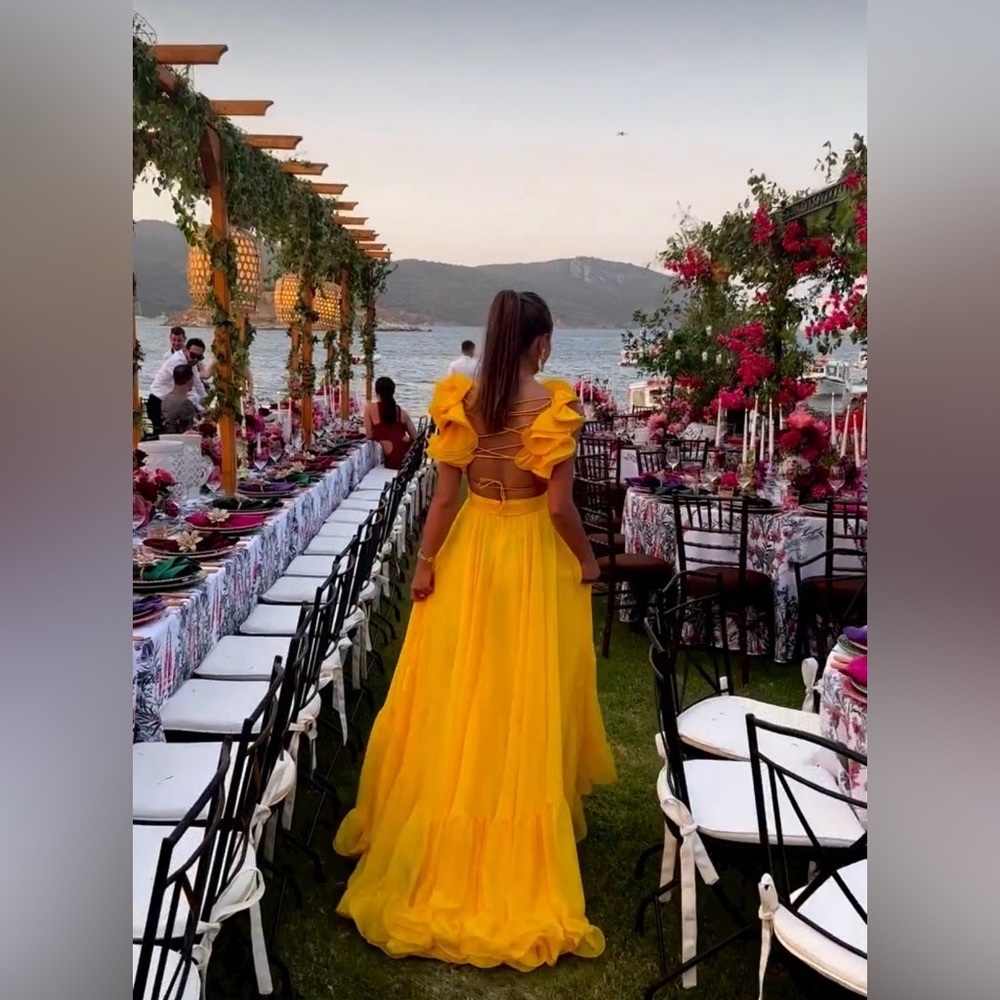 Mac Duggal Ruffle Tiered Cut-Out Chiffon Gown in Sunshine Yellow